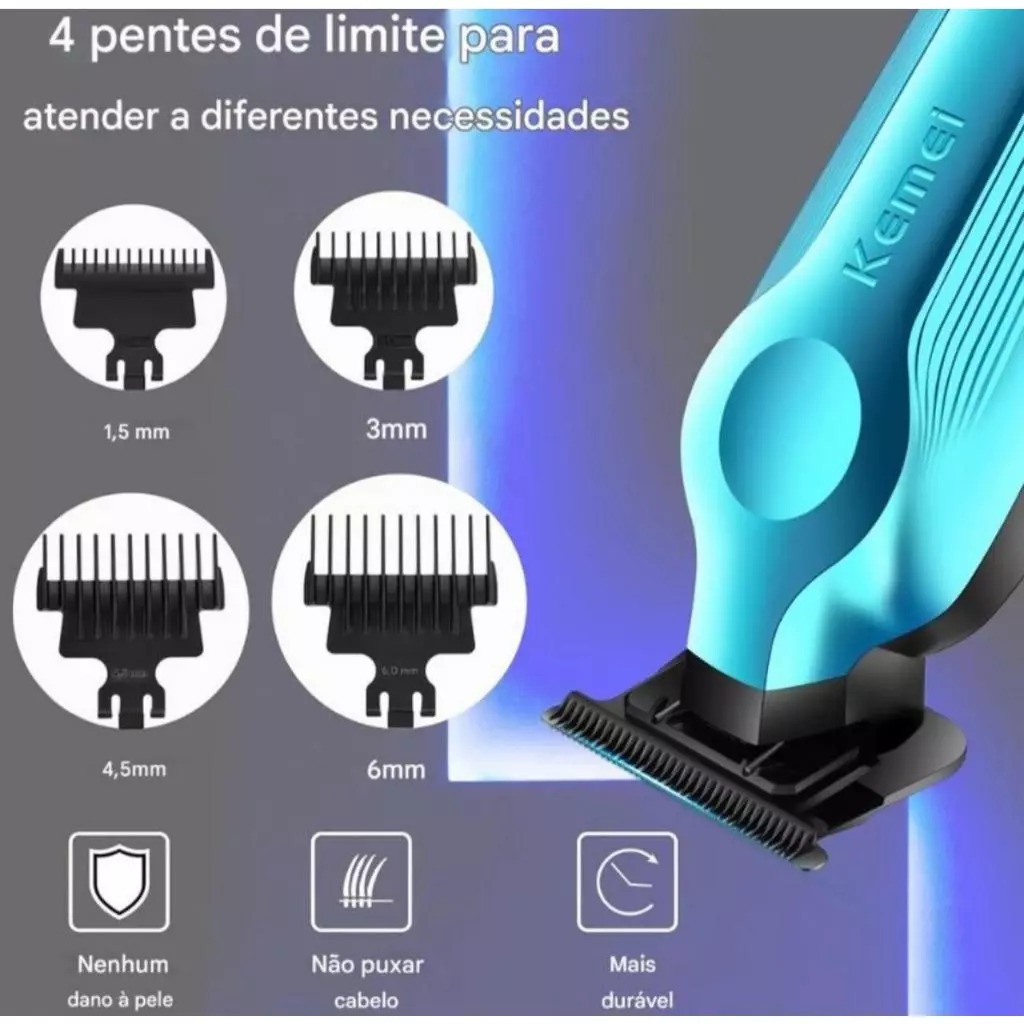 Máquina Cortar Cabelo acabamento Kemei Original Barbeador Recarregável Profissional Sem fio 7.500 RPM KM-264