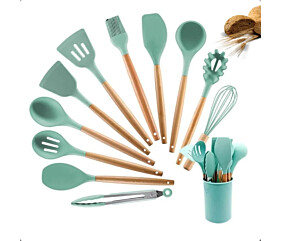 Kit 12 Utensílios de Cozinha - Cabo de Madeira e Silicone